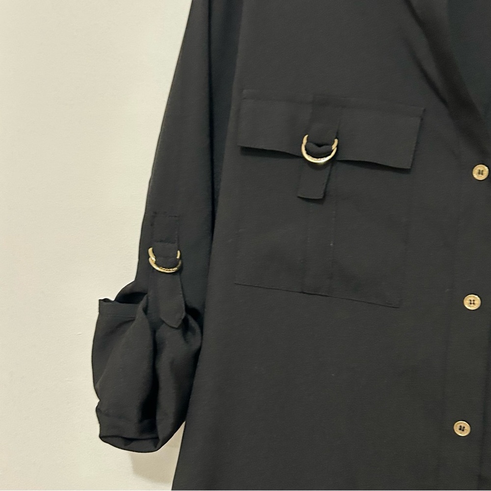 Calvin Klein Black Roll-Tab Sleeve Blouse  Gold Hardware Utility Top Women's - Picture 4 of 6